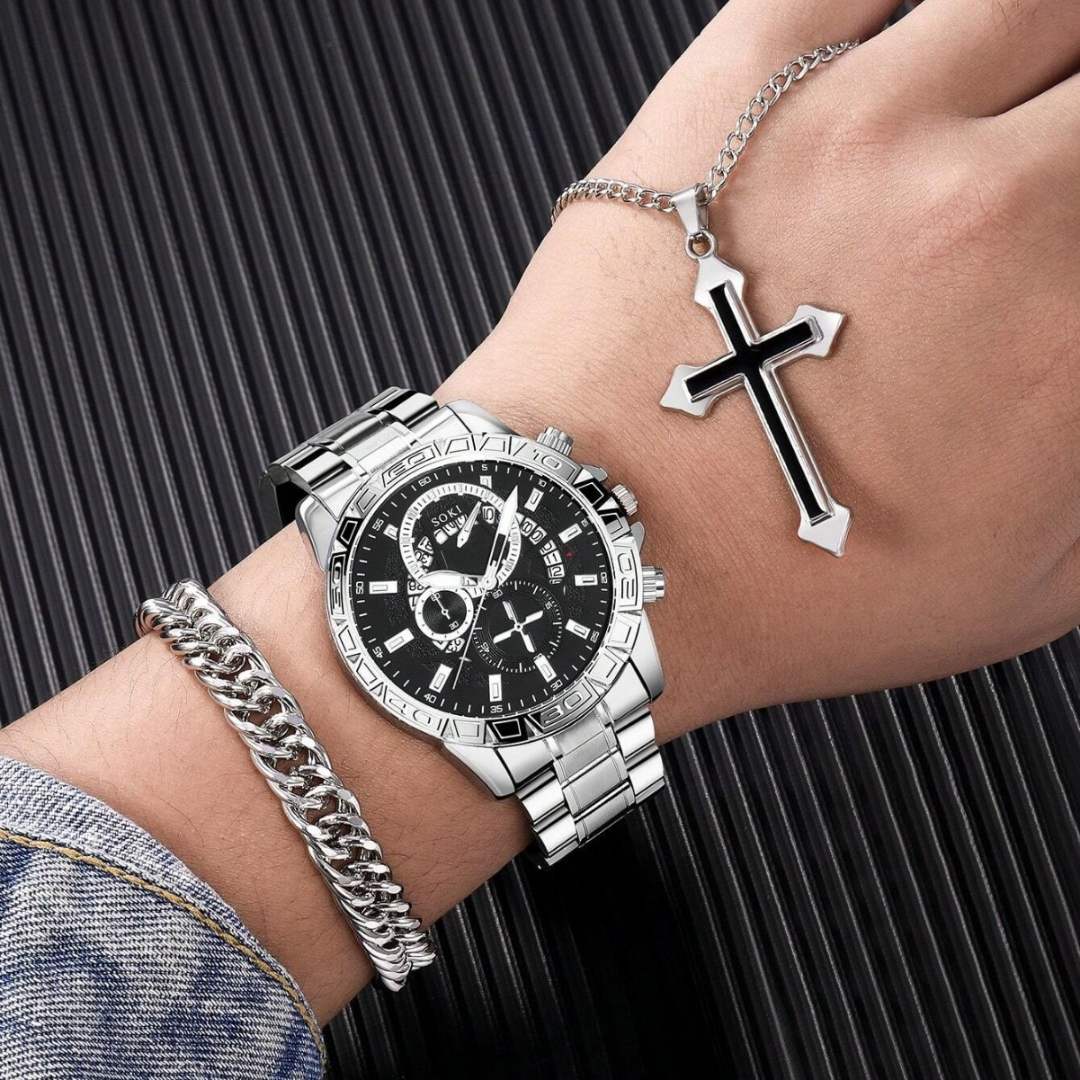 Combo Reloj + Pulsera + Cadena™ – Estilo completo en acero  ⌚✨