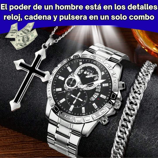Combo Reloj + Pulsera + Cadena™ – Estilo completo en acero  ⌚✨