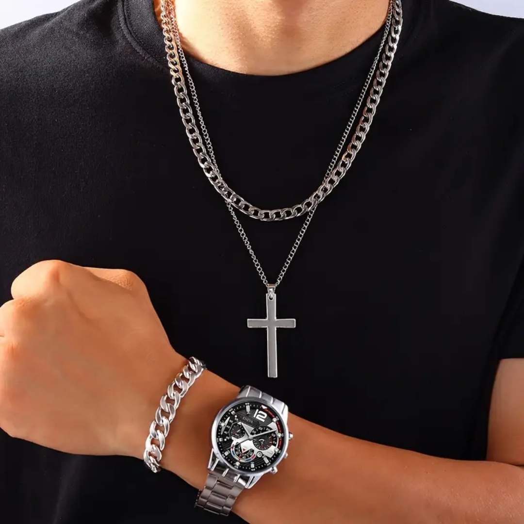 Combo Reloj + Pulsera + Cadena™ – Estilo completo en acero  ⌚✨